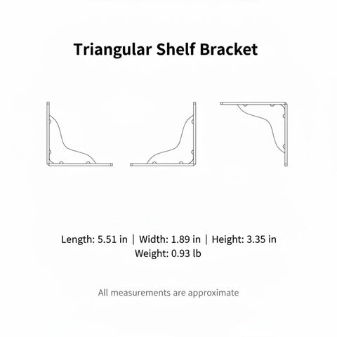 Diagram of Heavy Duty Triangular Shelf Bracket For Garage Storage Built To Last Cold Rolled Steel Wall Mount with measurements
