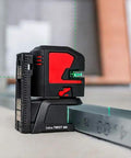 Built Tough Green Beam Cross Line Level With Razor Sharp Point Laser and Reliable Long Haul Battery Life for wall layout and alignment.
