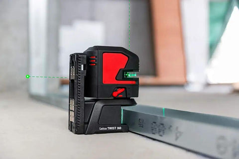 Built Tough Green Beam Cross Line Level With Razor Sharp Point Laser and Reliable Long Haul Battery Life for wall layout and alignment.