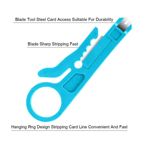 Blue tool from Pocket Size Six Piece Wire Stripper Set for RJ45 Cat5 Cat6 Data Cables and Telephone Lines with Handy Punch Down Cutter