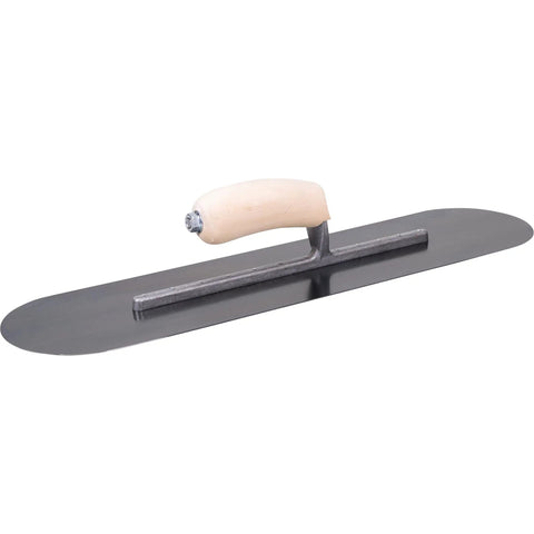 Pool Trowel With 20 Inch Blue Steel Blade Flexible For Radius Finishes Wood Handle Short Aluminum Alloy Mounting With 12 Rivets Pro Grade Contractor Concrete Tool Made In The USA PT205B