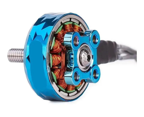 Close-up of V2207.5 brushless motor for RC FPV freestyle drones, blue housing, visible copper coils, durable build.