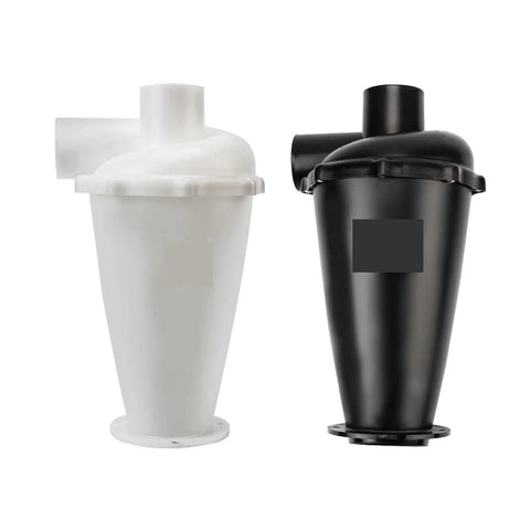 Sixth Gen Sn50t6 Turbo Dust Collector With Dual Cyclone Separator and Hella Tough Industrial Bagless Vacuum Cleaner For Heavy Duty Workshop Cleanup Black - white and black cyclone separators side by side.