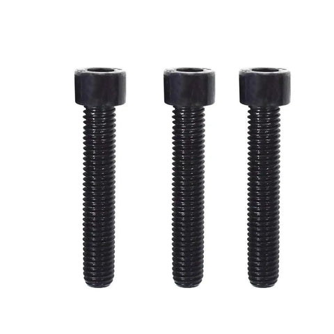 Three black threaded hex cap screws standing upright on a white background.