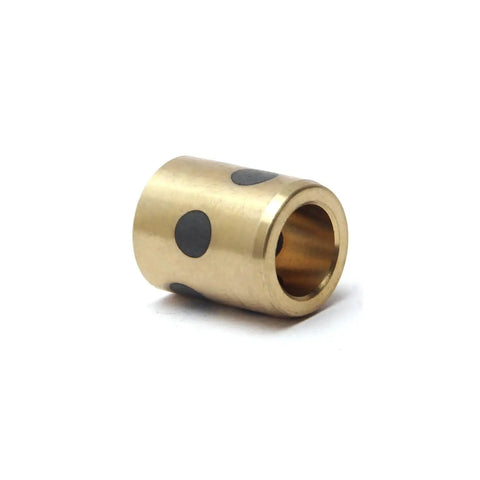 One Piece Heavy Duty Sleeve Bearing With 8Mm Bore 12Mm Outer Diameter For Ironclad Carbon Steel Copper Oilless Bushings, showing brass bushing with black dots.