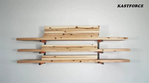 Orange Lumber Storage Rack, 3-Level System, Holds 110 Lbs Per Level, adjustable width, mounted on wall with wood planks