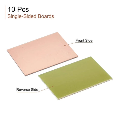 10-pack Single Sided Copper Clad PCB Boards 70mm By 50mm By 1mm FR4, showing front and reverse sides for prototyping