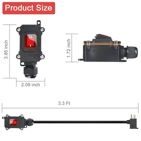 Inline Cord Switch With 3 Point 3 Foot 14 AWG Cable Three Pronged Piggyback Plug Waterproof IP67 Extension Cord On Off Power Switch With Red LED Rocker Button For Outdoor And Indoor Use, size diagram