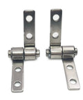 Two small 304 stainless steel hinges with damping shafts and mounting tabs, front view.
