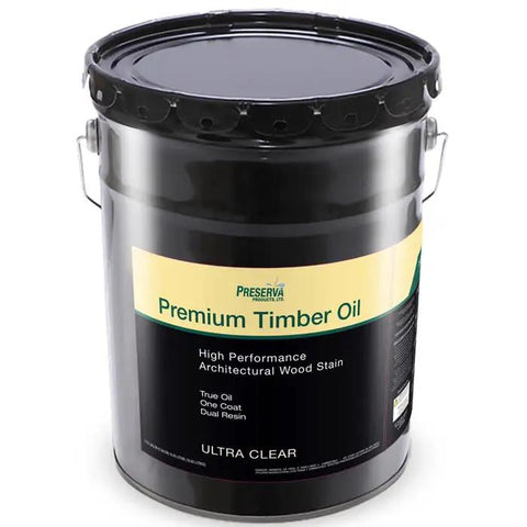 Five Gallon Heavy Duty Oil Based Wood Stain With Deep Soaking Seed Oil Formula For Real Hardwood Restoration Low Voc One Coat Finish in a black container.