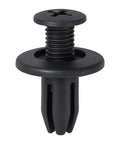 100 Piece Front Fender Clip Kit Push In Nylon Retainer Clips Fasteners Rivets 15mm Head 12mm Stem 6mm Hole Black Fits Honda Cars Replaces 90683 SA5 003 Auto Body Trim Clips, close-up view of single black fastener.