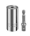 Universal Socket Wrench Head Set Two Piece Drill Adapter Kit 7mm To 19mm Nut Driver with chrome finish, adapter on white background