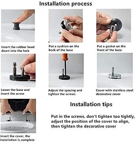 Dead Silent Soft Close Toilet Seat With Quick Release Hinges And Automatic Lowering installation process steps with hands demonstrating adjustments.