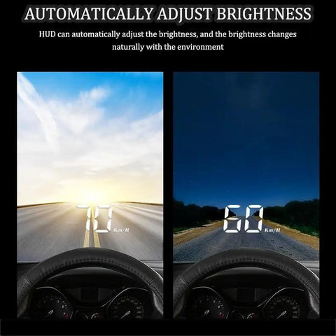 Slick Plug And Play Hud Obd Display With Built In Lens Hood For Zero Windshield Glare showing brightness adjustment feature for day and night.