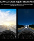Plug And Play Windshield Hud Speedometer Projector With Dual Mph Kmh Gauge Anti Glare Hood Easy OBD2 Dash Monitor shows brightness adjustment in day and night.