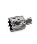 Annular cutter, 1-1/2 in cutting diameter, 1 in depth, 3/4 in Weldon shank; for magnetic drill press; silver steel.