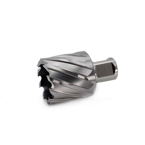 Annular cutter, 1-1/2 in cutting diameter, 1 in depth, 3/4 in Weldon shank; for magnetic drill press; silver steel.