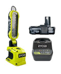 18V Hybrid LED Project Light with Adjustable Locking Hook, battery, and charger, bulk packaged for jobsite use.