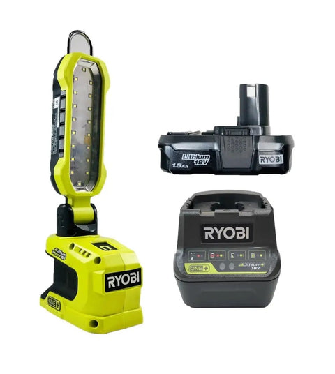 18V Hybrid LED Project Light with Adjustable Locking Hook, battery, and charger, bulk packaged for jobsite use.