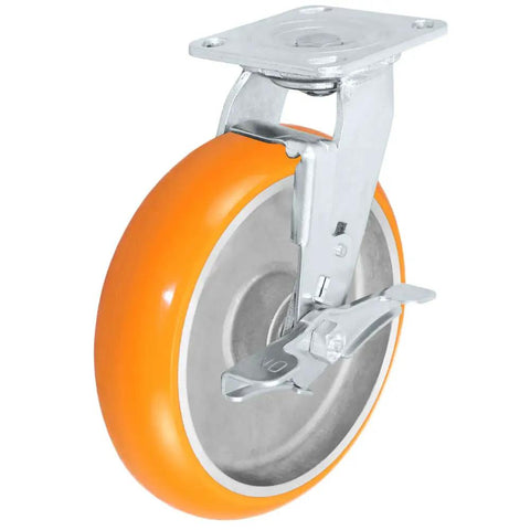 Beast Mode 4 Pack 8 Inch Polyurethane Casters With Orange Tread Non Marking Heavy Duty Rolling Wheels For Factory And Auto Repair 2 Swivel With Brakes Plus 2 Rigid Mounts Handles Up To 4800 Lbs Total Load