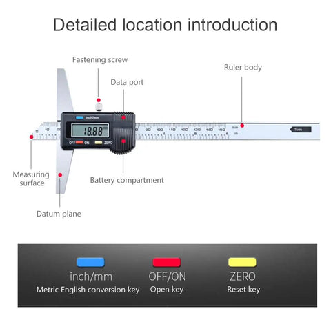 Digital Depth Caliper Gauge 0 To 150mm 0.01mm Resolution Electronic Depth Rule With Stainless Steel Body showing usage markings