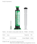 Green UV Instant Curing Solder Mask Ink for DIY PCB Repairs syringe with cap and needle attachment, size 95*30*35MM
