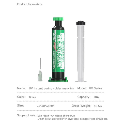 Green UV Instant Curing Solder Mask Ink for DIY PCB Repairs syringe with cap and needle attachment, size 95*30*35MM