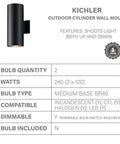 Two Light Outdoor Cylinder Wall Sconce in Black Finish 15 Inch High Exterior Fixture with 6 Inch Wide Profile E26 Medium Base Socket