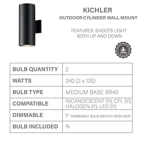 Two Light Outdoor Cylinder Wall Sconce in Black Finish 15 Inch High Exterior Fixture with 6 Inch Wide Profile E26 Medium Base Socket