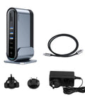 Laptop Docking Station With Sixteen Front And Rear Ports Plus Power Adapter Splitter with cables and plugs on a table.