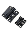 Pair of small black plastic cabinet hinges with mounting plates and screw holes.