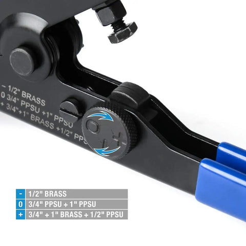 Close-up of PEX crimp ring removal tool dial for 1/2, 3/4, and 1 inch copper rings, adjustable for brass and PPSU fittings.