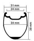 Diagram of 38mm Carbon Tubeless Disc Road Wheelset 700C With Center Lock Front 12x100mm Rear 12x142mm rim dimensions.