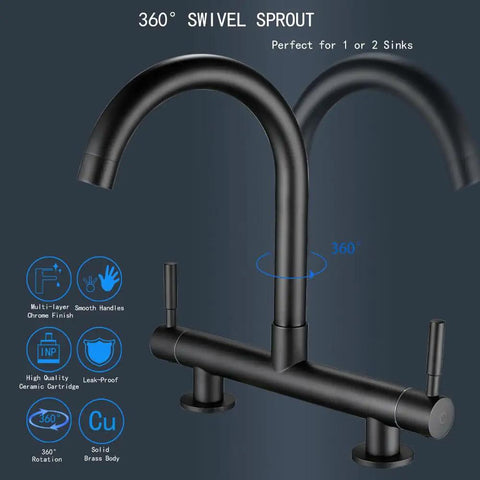 ZBSAVFM Mixer Tap Faucet with 360° Swivel Spout, showing sleek black finish and dual lever controls.