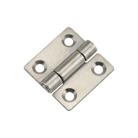 Small square damping hinge, 1.5 inch, metal with two mounting plates and four screw holes.