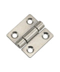 Close-up of 1.5-inch square damping hinge, metal with two mounting plates and central barrel.