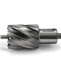 Side view of annular cutter, 1-3/16 in diameter, 3/4 in Weldon shank, spiral flutes, pilot pin.