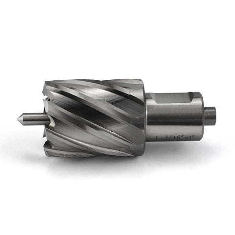 Side view of annular cutter, 1-3/16 in diameter, 3/4 in Weldon shank, spiral flutes, pilot pin.