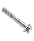 Titanium flange hex bolt, M10 x 65mm, 1.25 pitch, silver, angled side view