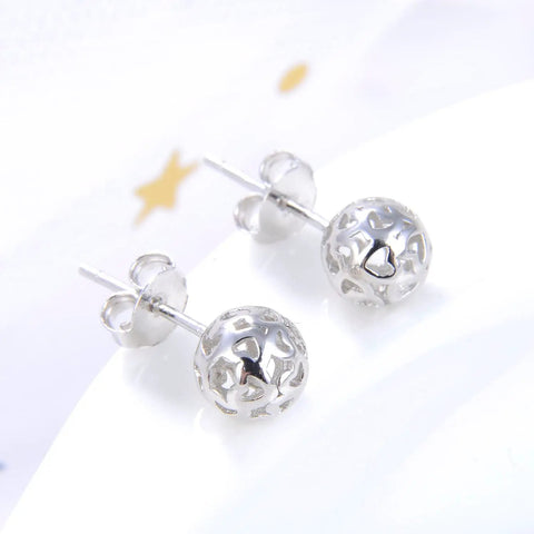 Sterling Silver 7mm Hollow Pattern Ball Pendant Stud Earrings 24K Gold Plated Finish Boho Chic Jewelry For Women Lightweight Sparkle Date Night Ready Gift, close-up