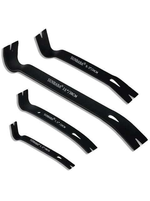Four Piece Pry Bar Set With Five And A Half Inch Seven And A Half Inch Nine And A Half Inch And Fifteen Inch Heavy Duty Crowbars For Woodworking Demolition And Lifting Nail Puller Tools In High Carbon Steel, shown with black rust-resistant coating on white background.