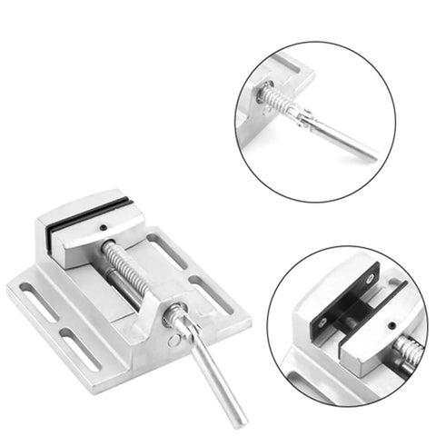 Close-up of 2.5 Inch Drill Press Vise Heavy Duty Metalworking Clamp With Stable Guiding Rods showing hardened jaws and adjustable mechanism.