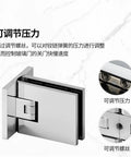 Badass Brass Frameless Shower Room Glass Door Clamp With Top Shelf Chrome Finish For Bathroom Adjustable Ninety Degree Pivot Hinge, close-up view showing hinge detail.