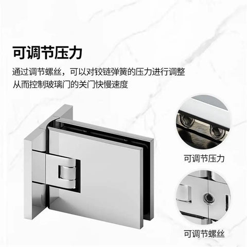 Badass Brass Frameless Shower Room Glass Door Clamp With Top Shelf Chrome Finish For Bathroom Adjustable Ninety Degree Pivot Hinge, close-up view showing hinge detail.