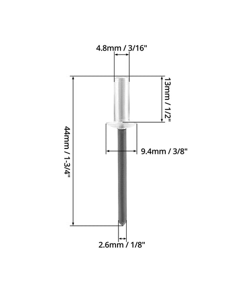 Tough As Nails Heavy Duty Closed End Aluminum Blind Rivets 500 Piece Pack 3/16 X 1/2 With Steel Mandrel dimensions image
