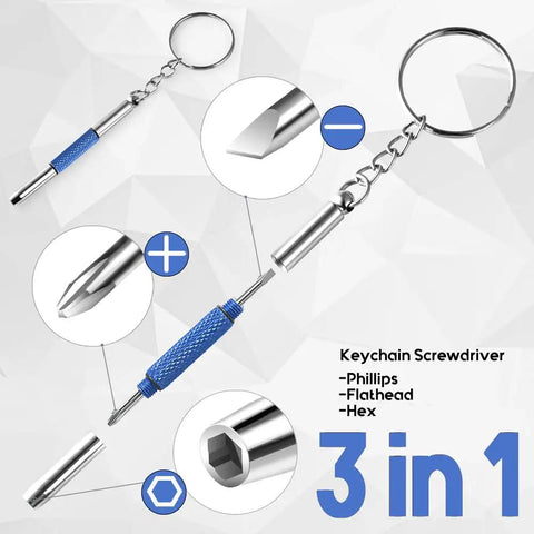 3 In 1 Eyeglasses Screwdriver Keychain Repair Kit With Small Phillips, Flathead And Nut Driver Bits For Eyeglasses, Compact Tool