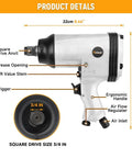 3/4 Inch Air Impact Wrench 13 Piece Kit High Torque Pneumatic Gun 610 Nm Heavy Duty Auto Tool With Complete Socket Set side view with features labeled