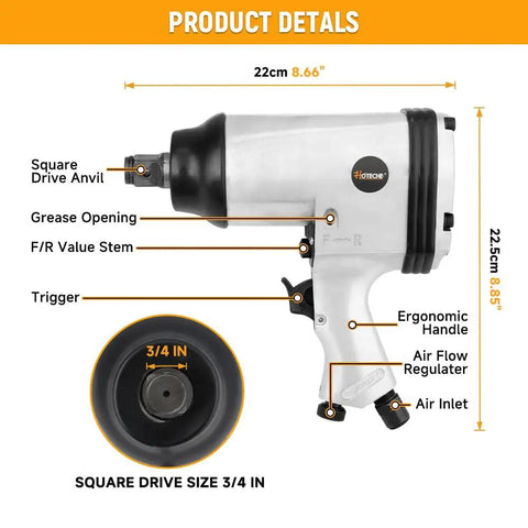 3/4 Inch Air Impact Wrench 13 Piece Kit High Torque Pneumatic Gun 610 Nm Heavy Duty Auto Tool With Complete Socket Set side view with features labeled