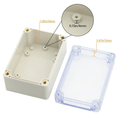 Rock Solid Abs Plastic Junction Box With Clear Cover IP65 Waterproof Electrical Enclosure For Diy Projects No Fuss Assembly Sturdy Dust Proof Shell Measuring 3.9 X 2.7 X 2 Inches, showing interior dimensions and clear cover.