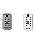 Slimline Push Button Key Safe 2 Pack Permanent Wall Mount Key Lock Box With Combination Easy 2 Key Storage For After School Access And Kid Friendly Keyless Entry Great For Families With Kids Who Lose Keys, showing two key safes, gray and white, with push-button combination.